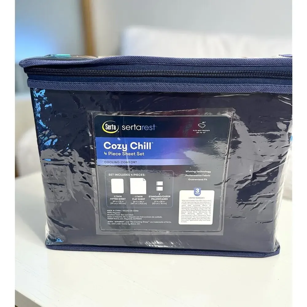 Serta Sertarest Cozy Chill Twin Sheet Set Navy Blue 4 Piece Cooling NIP
